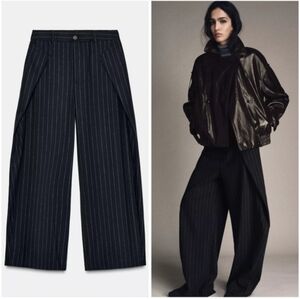 ZARA WOOL BLEND WIDE PINSTRIPE PANTS NAVY SIZE XL